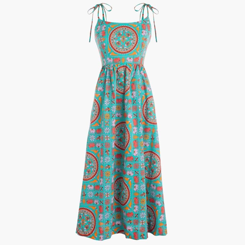 EUC Drake’s for‎ J.Crew Elephant Tile Print Dress 2 Tie Shoulder Cotton Sundress